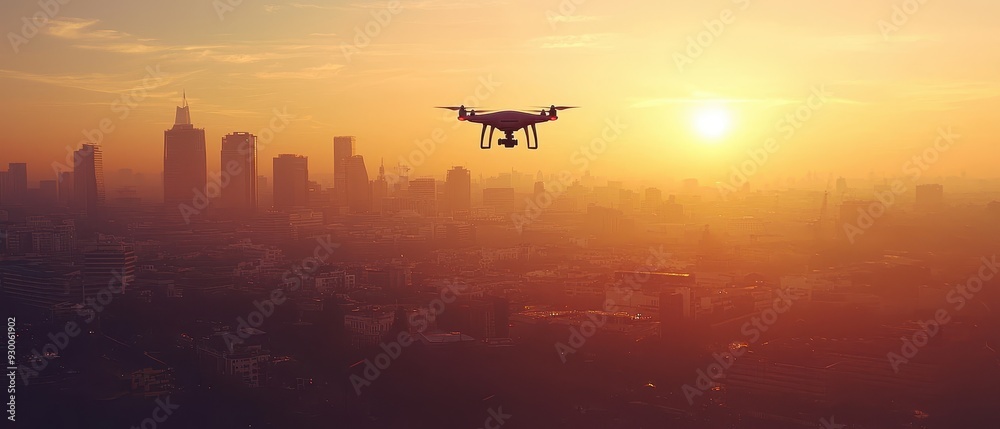 Fototapeta premium Drone flying over a cityscape during sunrise,