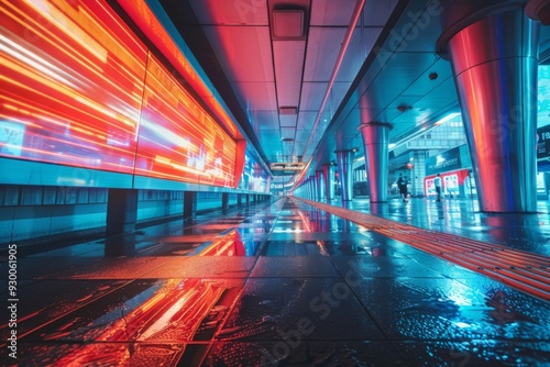 Neon lit digital billboards in an indoor setting photo