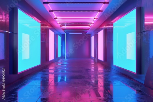 Neon lit digital billboards in an indoor setting photo