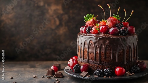 Chocolate cake with with berries, strawberries and cherries. cake on a dark brown background. World Chocolate Day concept. Sweet chocolates perfect for valentines day background
