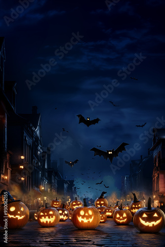Halloween sale promotion poster or banner. A group of pumpkins is marching down a spooky, moonlit street. Halloween party card. Vertical layout. Halloween background.