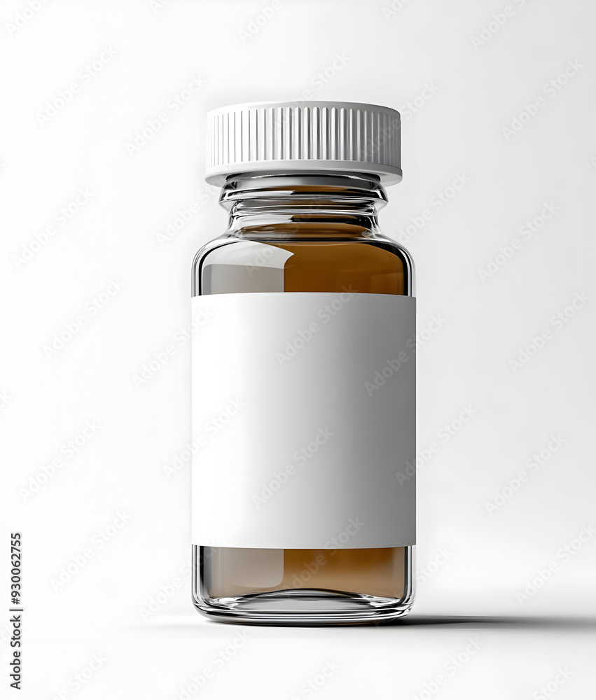 Clear glass bottle with white lid and blank label, ideal for product packaging or pharmaceutical use.