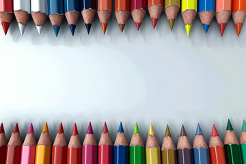 Copy space border of colored pencils. Row at the top and bottom. Colorful pencil frame with white paper in the center for text