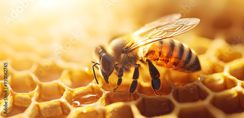 Close-up of a bee on honeycomb, showcasing intricate details and vibrant colors in nature's exquisite ecosystem.