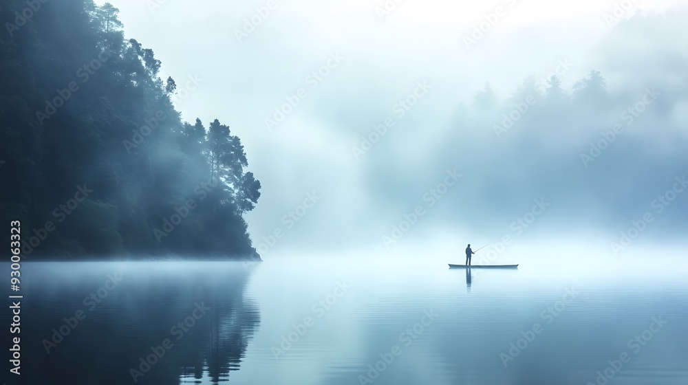 Fototapeta premium A person fishing on a calm lake during a misty morning, fog partially obscuring the surrounding landscape, soft, cool light filtering through the mist, background blurred with shadowy silhouettes of