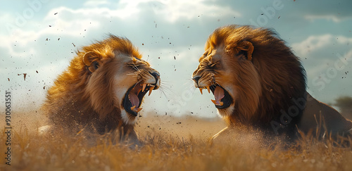 Two majestic lions roar fiercely at each other in a golden savanna, showcasing their power and natural beauty. photo