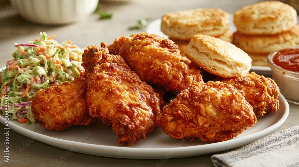 A platter of southern-style fried chicken, accompanied by coleslaw and biscuits. A platter of southern-style fried chicken, accompanied by coleslaw and biscuits.