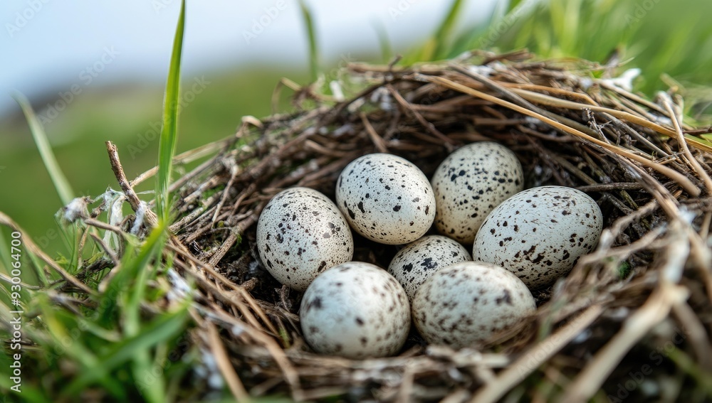 Spotted eggs nestled in a grass nest. Spotted eggs nestled in a grass nest.