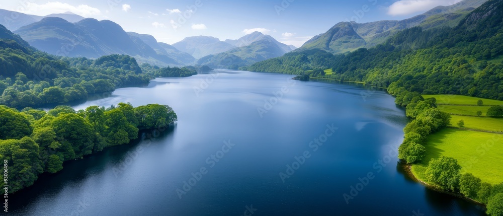 Surrounded by lush green hills, a large body of water is nestled A verdant forest lies beyond its shores Surrounded by lush green hills, a large body of water is nestled A verdant forest lies beyond its shores