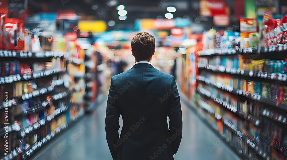 A businessman stands in a grocery aisle, contemplating his shopping options. The vibrant shelves are filled with products and colors. A businessman stands in a grocery aisle, contemplating his shopping options. The vibrant shelves are filled with products and colors.
