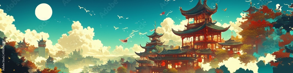 Fototapeta premium Ethereal Jade Rabbit Overlooking Temple Under Full Moon: Captivating 2023 Mid-Autumn Festival Abstract Design. AI-Generated Anime-Style Artwork for Marketing, UI Decoration, and Web Banners. Cinematic