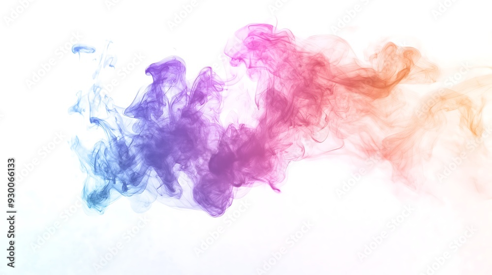 Fototapeta premium Holographic foil colored smoke, explodes, diffuses, spreads, on white background.