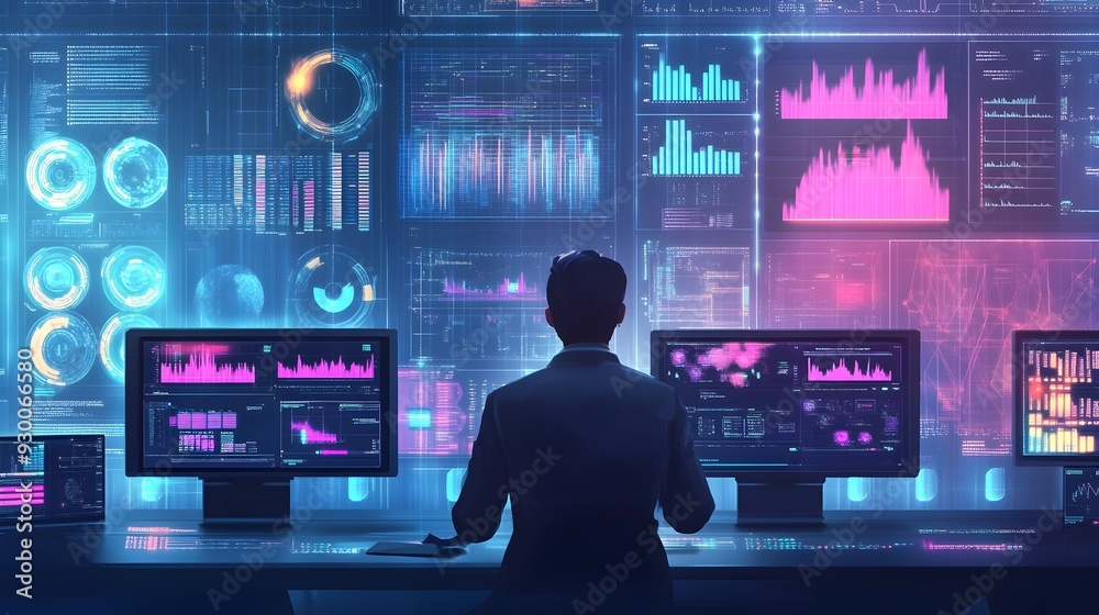 Data Scientist Analyzing Big Data on Futuristic Tech Lab Screens with Algorithms and Graphs Data Scientist Analyzing Big Data on Futuristic Tech Lab Screens with Algorithms and Graphs