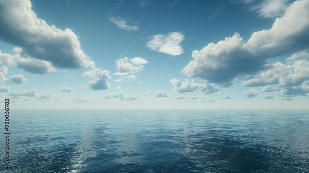 Fototapeta premium A serene view of clouds drifting over a calm ocean, with the horizon in sight.