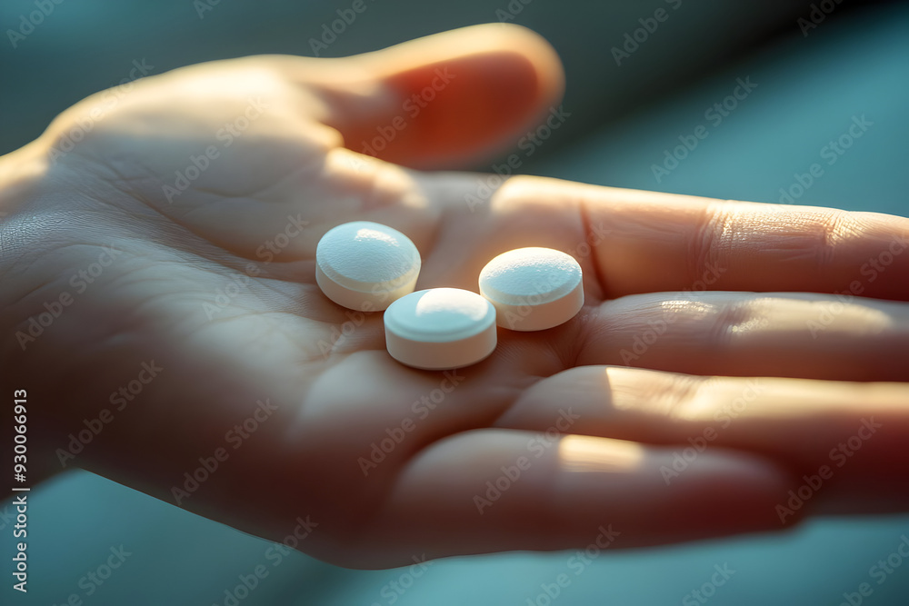 A hand holding three white pills, symbolizing health, medicine, and wellness in a serene natural light setting. A hand holding three white pills, symbolizing health, medicine, and wellness in a serene natural light setting.