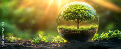 Wallpaper Mural A serene glass sphere containing a lush tree, symbolizing nature and sustainability under radiant sunlight. Torontodigital.ca