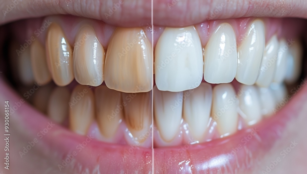 A before and after photo of teeth whitening, showing the stark contrast between stained A before and after photo of teeth whitening, showing the stark contrast between stained