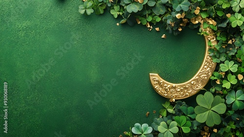 Shiny Golden Horseshoe and Clove for St. Patrick's Day Celebration