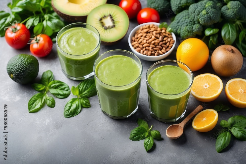 Three Glasses of Green Smoothie with Fresh Fruits and Vegetables Three Glasses of Green Smoothie with Fresh Fruits and Vegetables