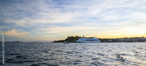 landscape of bosphorus and city shorescape under cloudy sky in istanbul photo