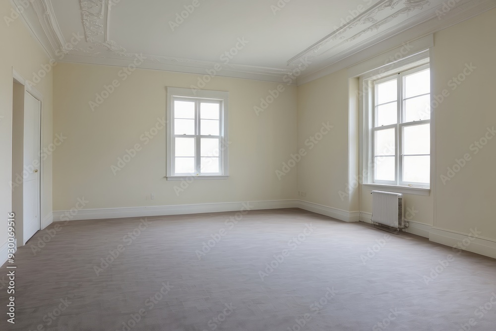 Empty Room with White Walls, Carpeted Floor, Two Windows, and Ornate Ceiling Molding Empty Room with White Walls, Carpeted Floor, Two Windows, and Ornate Ceiling Molding