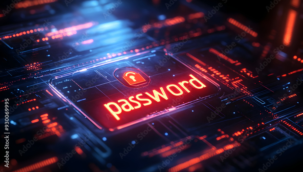 Futuristic digital representation of a password with high-tech circuits and glowing elements, emphasizing security and technology. Futuristic digital representation of a password with high-tech circuits and glowing elements, emphasizing security and technology.