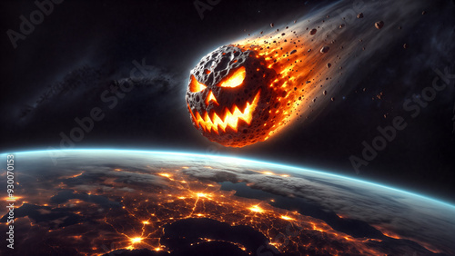Massive asteroid with evil face entering Earth's atmosphere with fiery trail, detailed rocky surface against backdrop of space and planet below. Scene conveys sense of cosmic drama and peril.