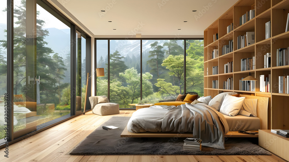 Modern Bedroom with Wooden Floor and Large Windows Overlooking Lush Greenery - Realistic Image Modern Bedroom with Wooden Floor and Large Windows Overlooking Lush Greenery - Realistic Image