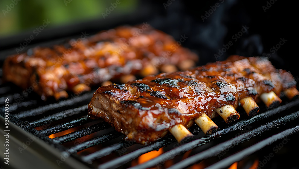 Sizzling barbecue ribs cooking on a grill, showcasing smoky flavors and a glossy glaze, perfect for food lovers and grill enthusiasts. Sizzling barbecue ribs cooking on a grill, showcasing smoky flavors and a glossy glaze, perfect for food lovers and grill enthusiasts.