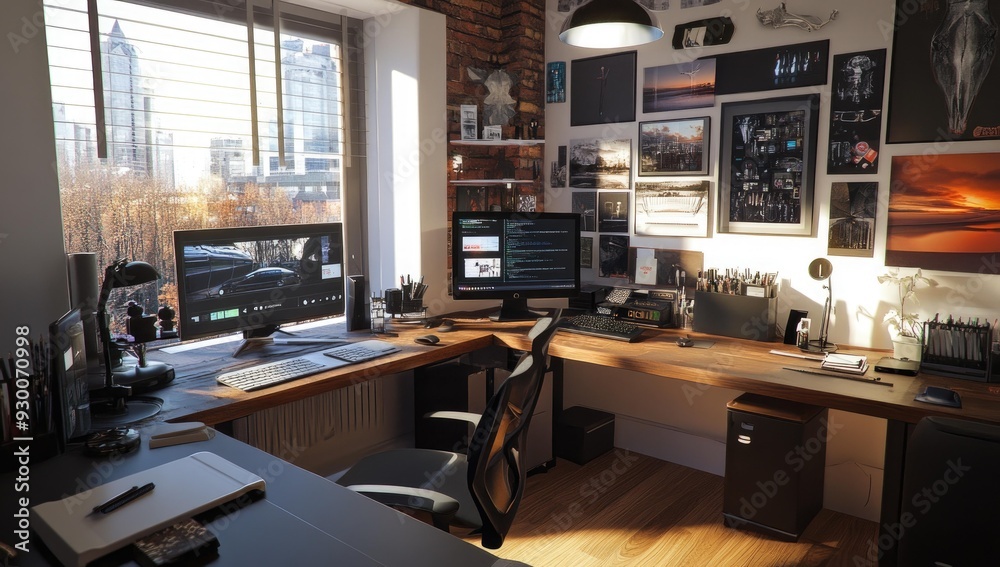 Modern office with two monitors, a desk, and a window. Modern office with two monitors, a desk, and a window.