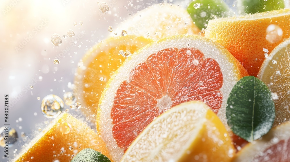 Fresh and vibrant citrus fruits splashing in water, showcasing their juicy textures and vibrant colors in a refreshing display. Fresh and vibrant citrus fruits splashing in water, showcasing their juicy textures and vibrant colors in a refreshing display.