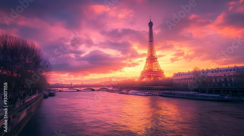 Sunset over Paris with the Eiffel Tower silhouetted against a green-toned gradient sky.