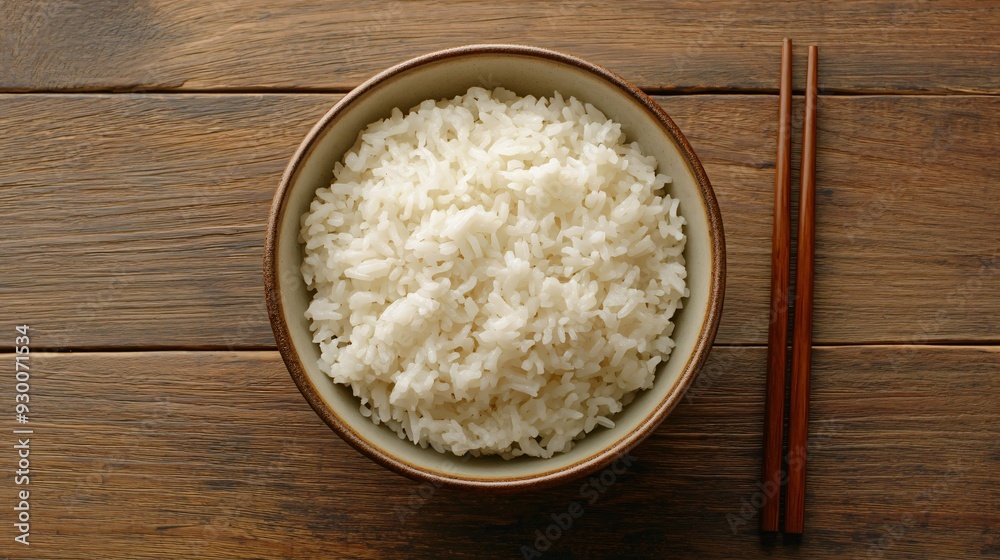 Delicious Cooked Rice in Bowl with Chopsticks on Wooden Table Delicious Cooked Rice in Bowl with Chopsticks on Wooden Table