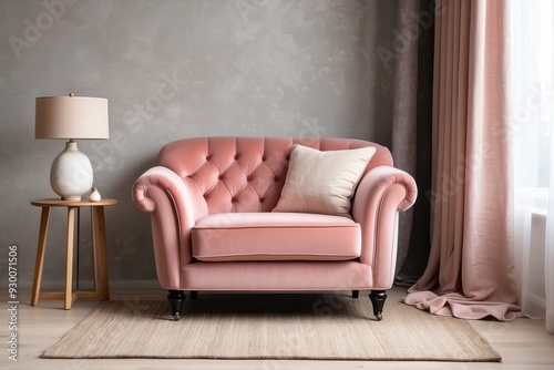 Pink Velvet Armchair in a Modern Living Room with a Wooden End Table