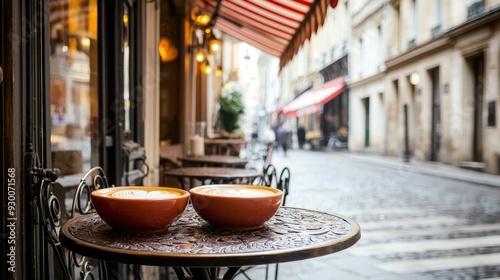 Cozy Parisian Cafe with Two Coffee Cups on Outdoor Table in Charming Street photo