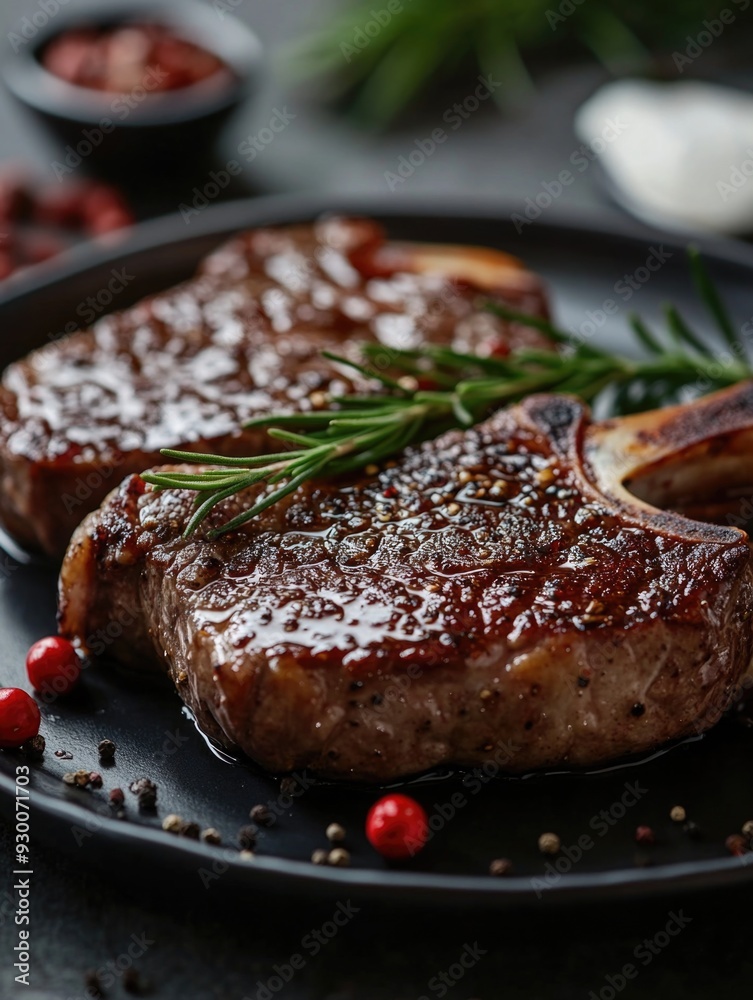 Gourmet Ribs with Glaze and Garnish, Served with Sauce on Black Board Gourmet Ribs with Glaze and Garnish, Served with Sauce on Black Board
