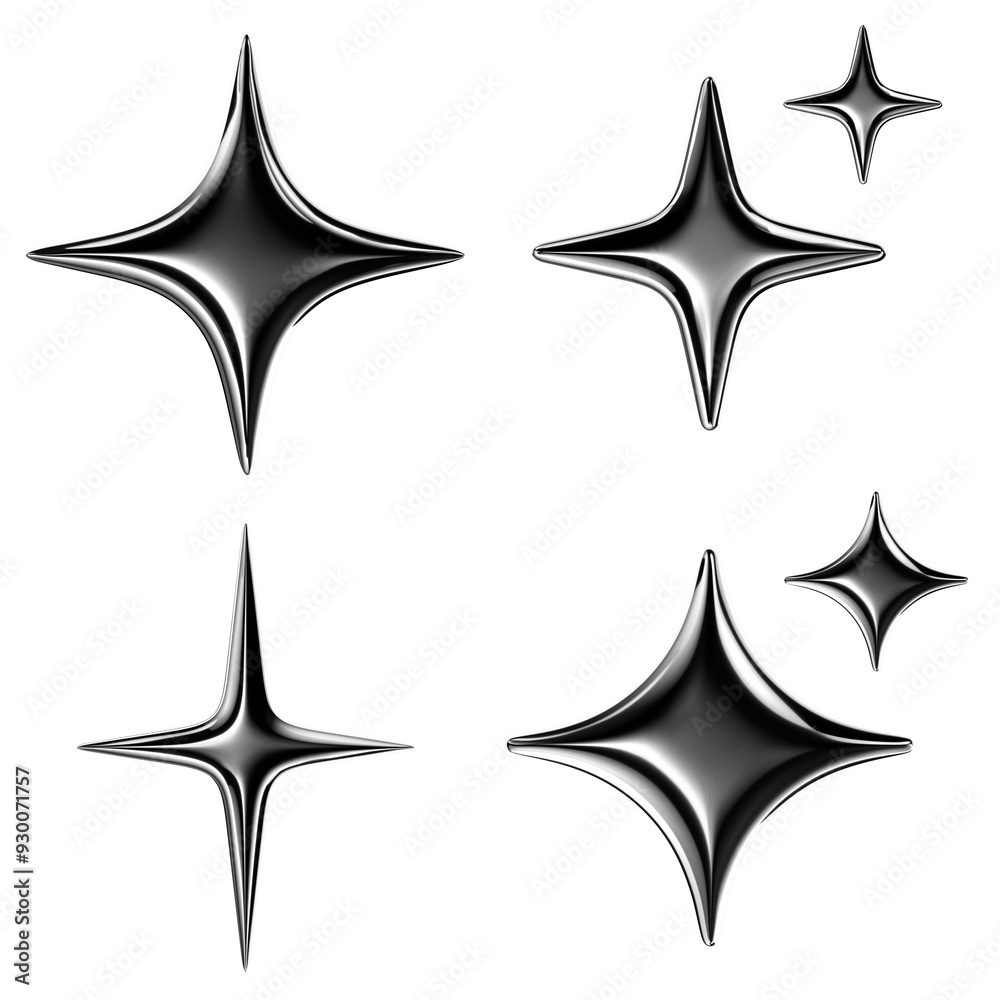 Glossy chrome sparkle 3D icons set isolated. Silver metal 4 point star png, futuristic 3D elements, shiny spark Glossy chrome sparkle 3D icons set isolated. Silver metal 4 point star png, futuristic 3D elements, shiny spark