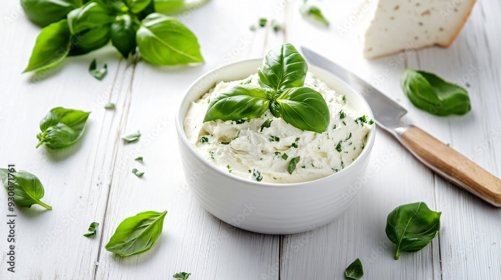 Delicious Cream Cheese with Fresh Basil and Knife on White Wooden Background Delicious Cream Cheese with Fresh Basil and Knife on White Wooden Background