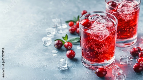 Refreshing Cranberry Juice with Ice Cubes in Glasses and Fresh Cranberries