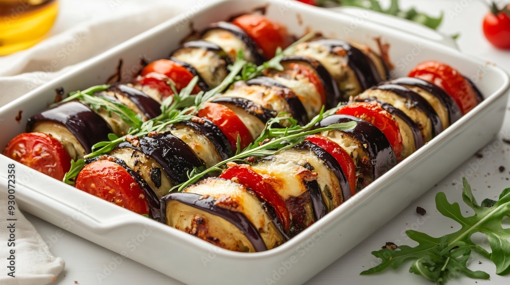 Delicious Eggplant Rolls with Tomatoes, Cheese, and Arugula on Plate Delicious Eggplant Rolls with Tomatoes, Cheese, and Arugula on Plate