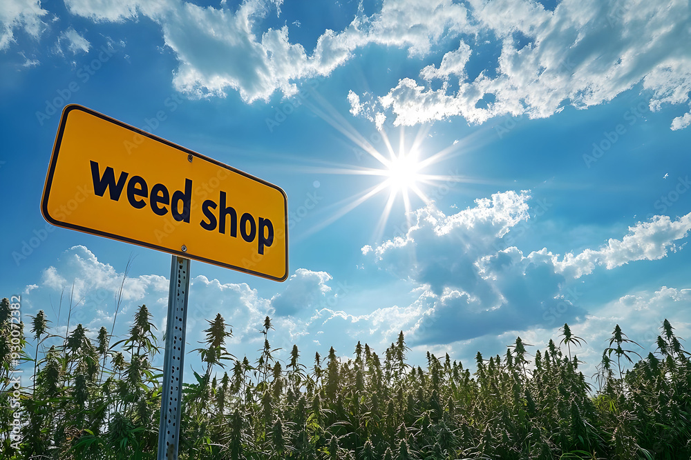 Fototapeta premium A bright weed shop sign under a clear sky, surrounded by beautiful green foliage and shining sun, perfect for cannabis-related content.