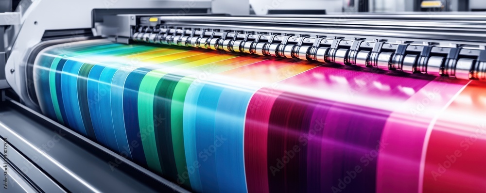 High-quality digital printer producing vibrant color patterns on roll, showcasing modern printing technology and precision. High-quality digital printer producing vibrant color patterns on roll, showcasing modern printing technology and precision.