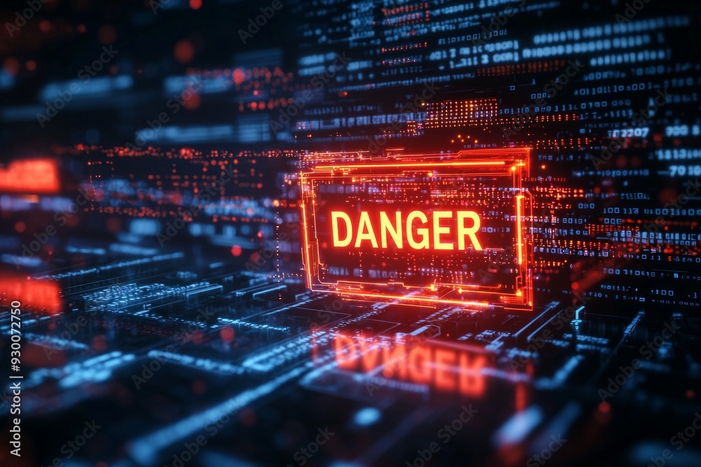 A glowing red warning icon with text 