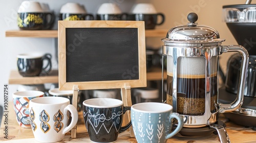 Coffee Station with French Press and Chalkboard Menu in Cozy Cafe Setting photo