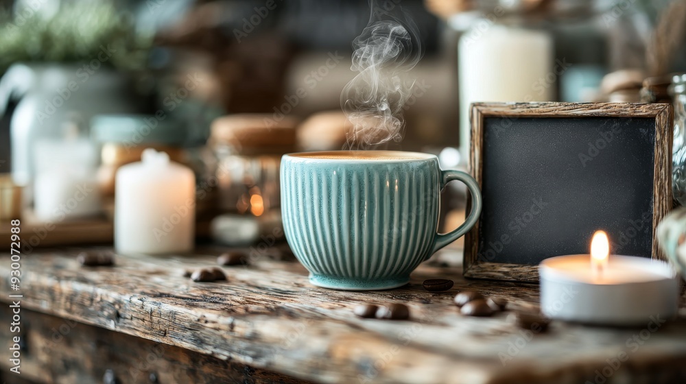 Cozy Morning Coffee in Turquoise Mug with Candles and Rustic Decor Cozy Morning Coffee in Turquoise Mug with Candles and Rustic Decor