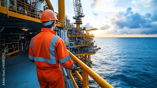 Offshore Petroleum Engineer Overseeing Drilling on Oil Rig with High Tech Equipment