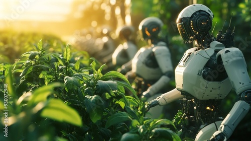 Robots work in a field of green plants under a golden sunrise.