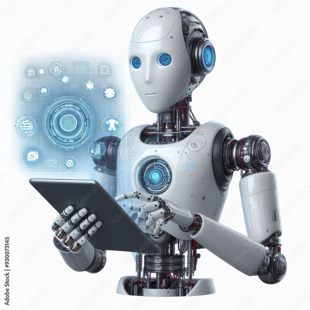 Ai robot using tablet isolate on transparency background PNG
Ai robot using tablet isolate on transparency background PNG