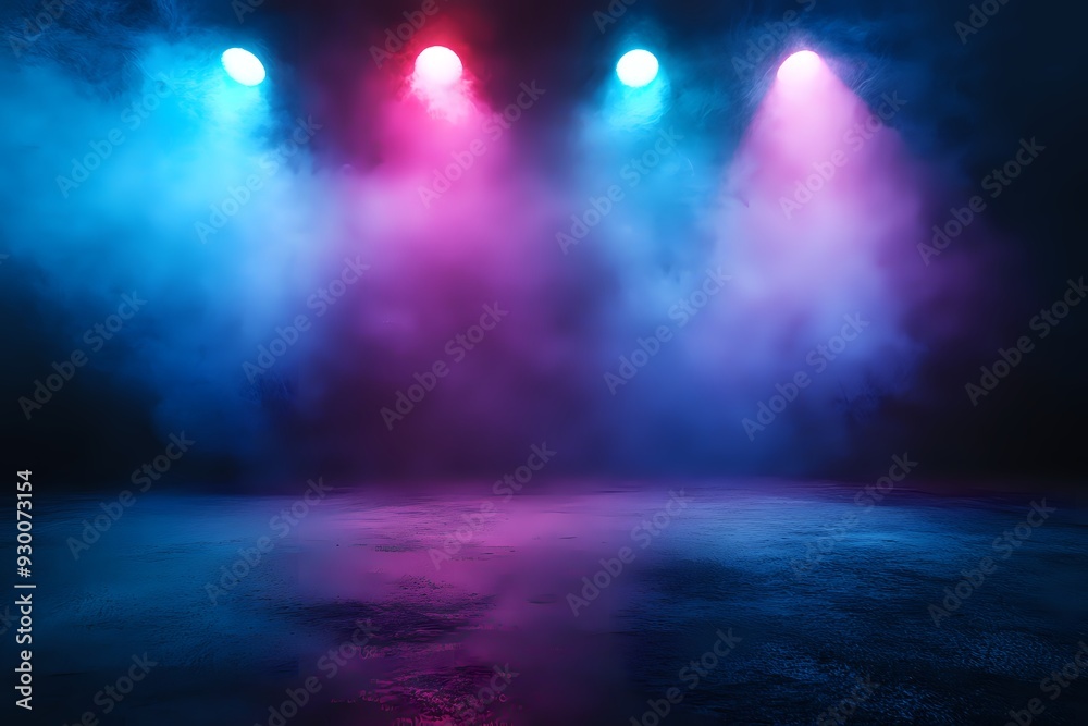 Fototapeta premium Neon Lights Reflecting on a Wet Surface in a Dark and Moody Atmosphere