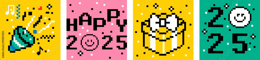2025 Happy New Year card set in pixel art. Minimalistic design for celebration, season decoration, banner, cover, sticker. Pixels Y2k trendy playful background. 8-bit vector illustration. Game style 2025 Happy New Year card set in pixel art. Minimalistic design for celebration, season decoration, banner, cover, sticker. Pixels Y2k trendy playful background. 8-bit vector illustration. Game style
